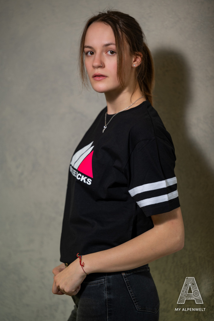 Black T-shirt with Bergliebe.Rocks logo on the front and white stripes on the sleeves